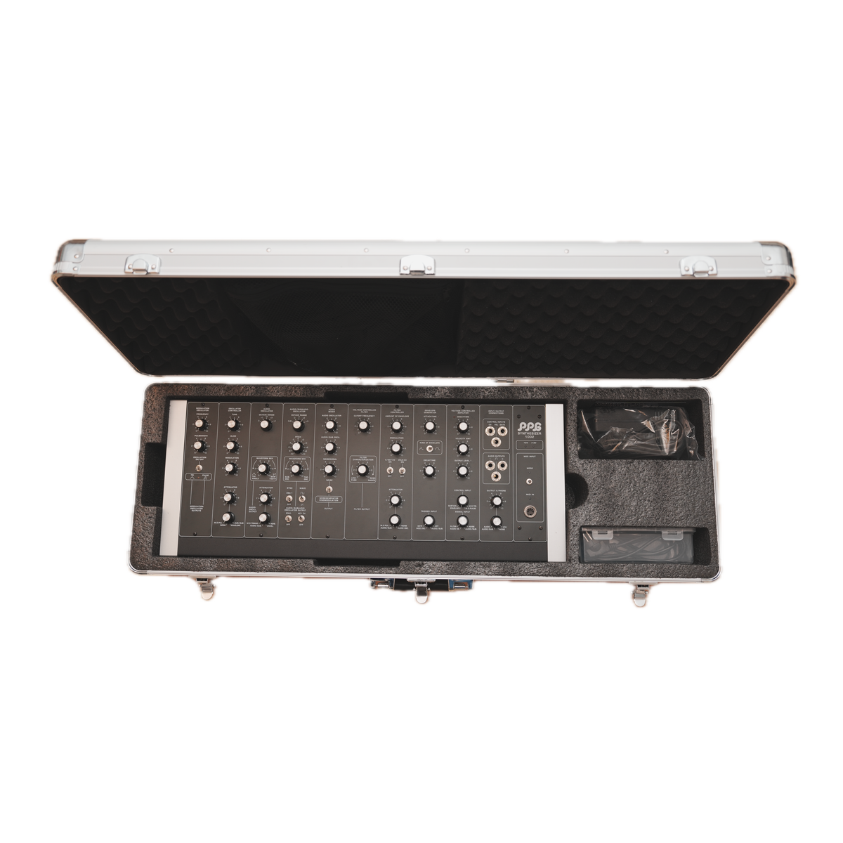 PPG 1002 Mk2 synthesizer in open flight case with foam lining