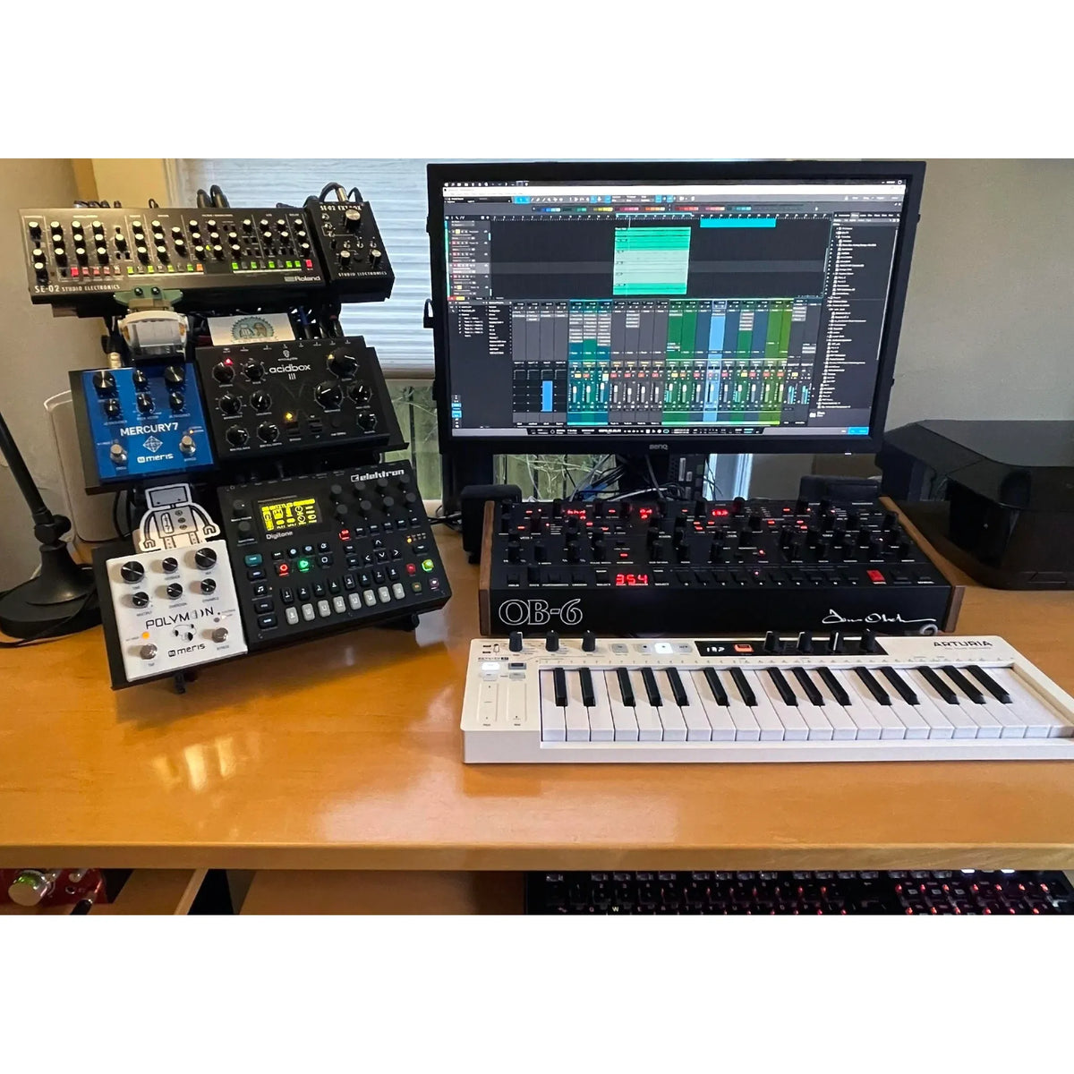 SynthRISE stand with three Expansion Shelves Medium and synth gear