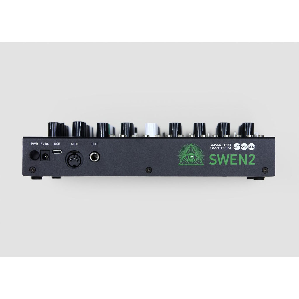 SWEN2 Rückseite mit Strom-, USB-, MIDI- und Ausgangsanschlüssen