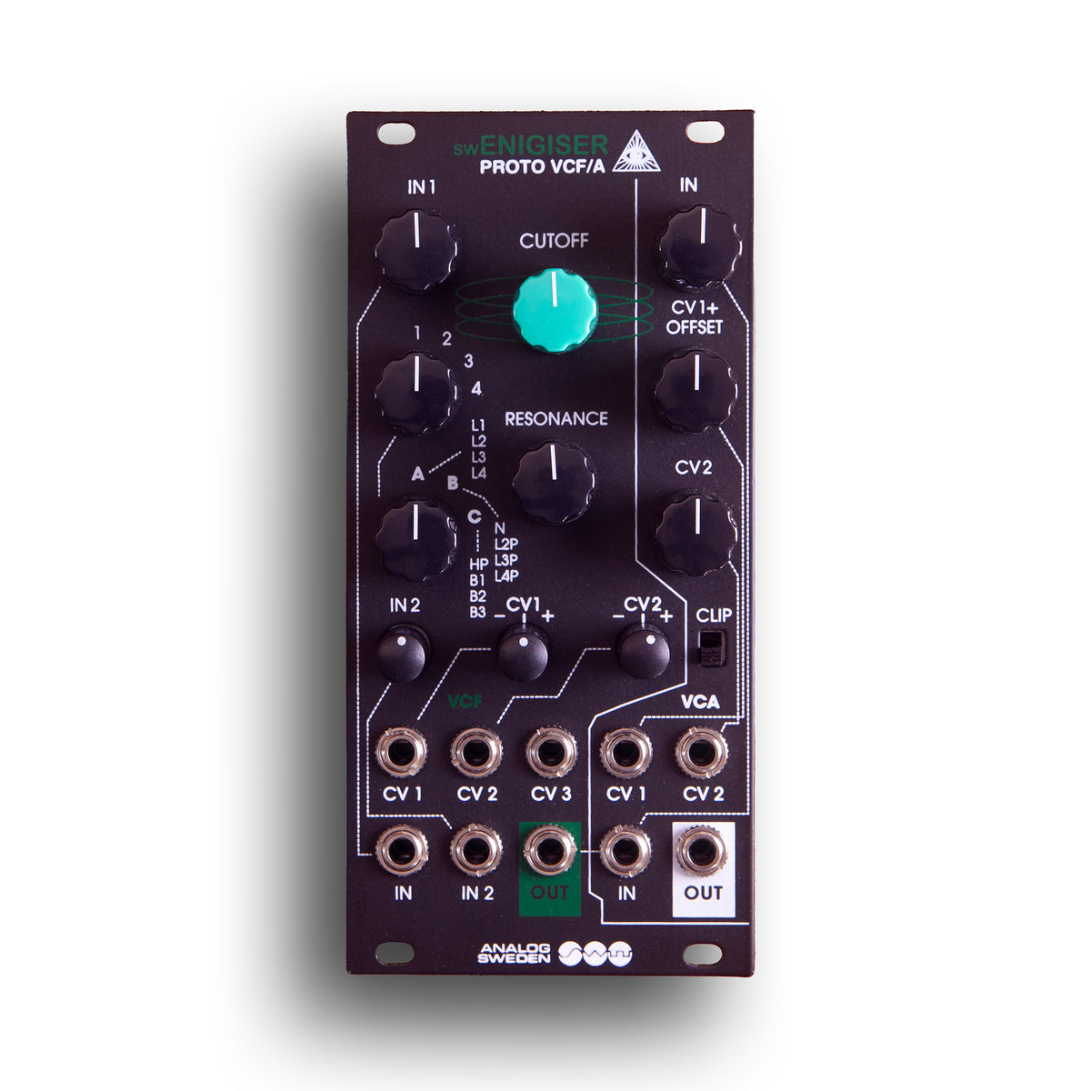 swEnigiser Proto VCF/A module with black panel, front view